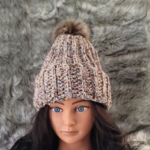 Hand Crocheted Fur Pom-Pom Snow Hat/Beanie